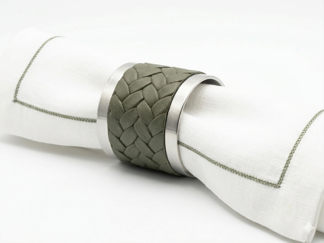 Khaki braided leather napkin ring with stainless steel rims