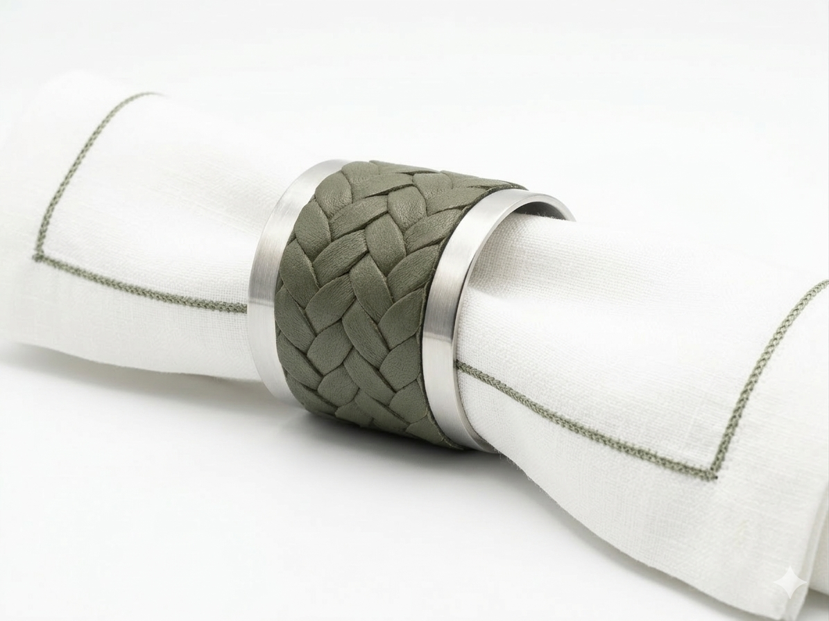 Khaki braided leather napkin ring with stainless steel rims