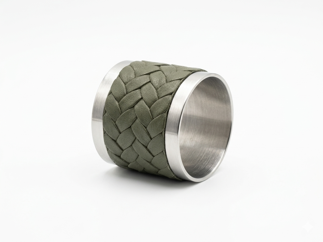 The khaki napkin ring at an angle, tight leather braid