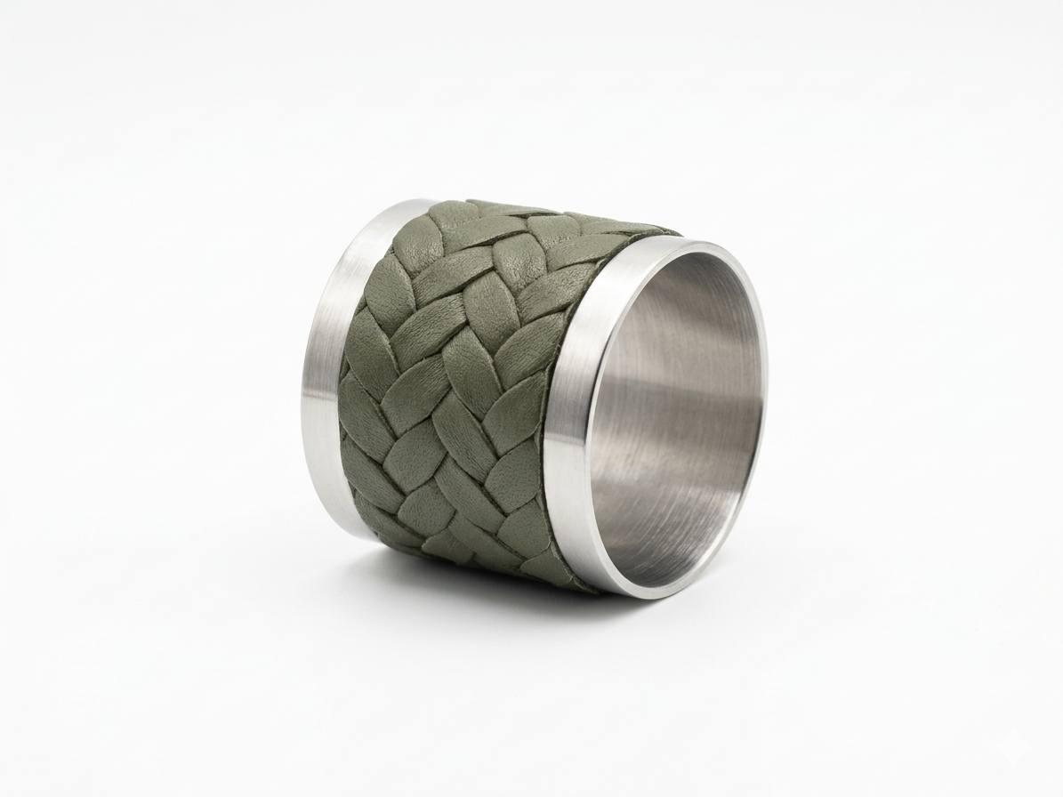 The khaki napkin ring at an angle, tight leather braid