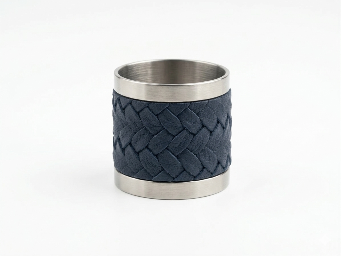 Navy braided leather napkin ring with polished steel rims