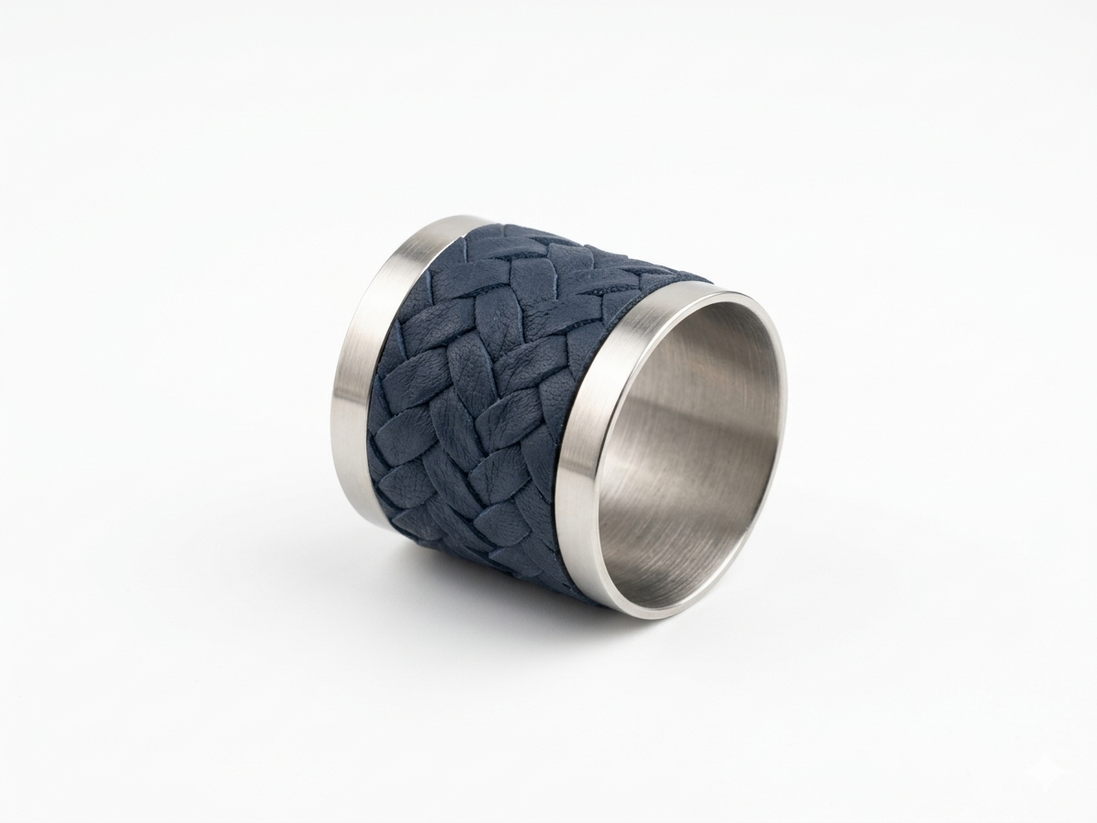 The navy napkin ring resting on its side, braid wrapped around the steel core