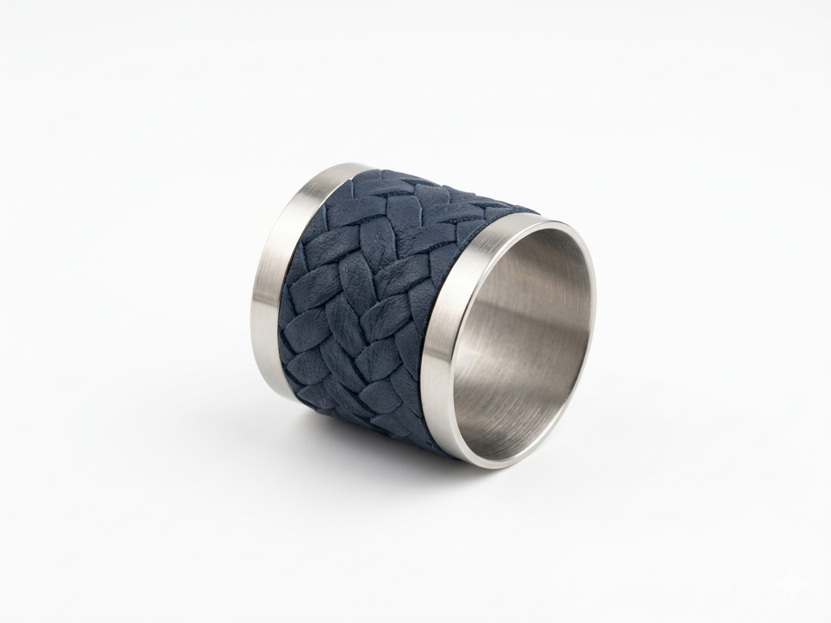The navy napkin ring resting on its side, braid wrapped around the steel core
