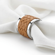 Tan braided leather napkin ring with polished steel edges