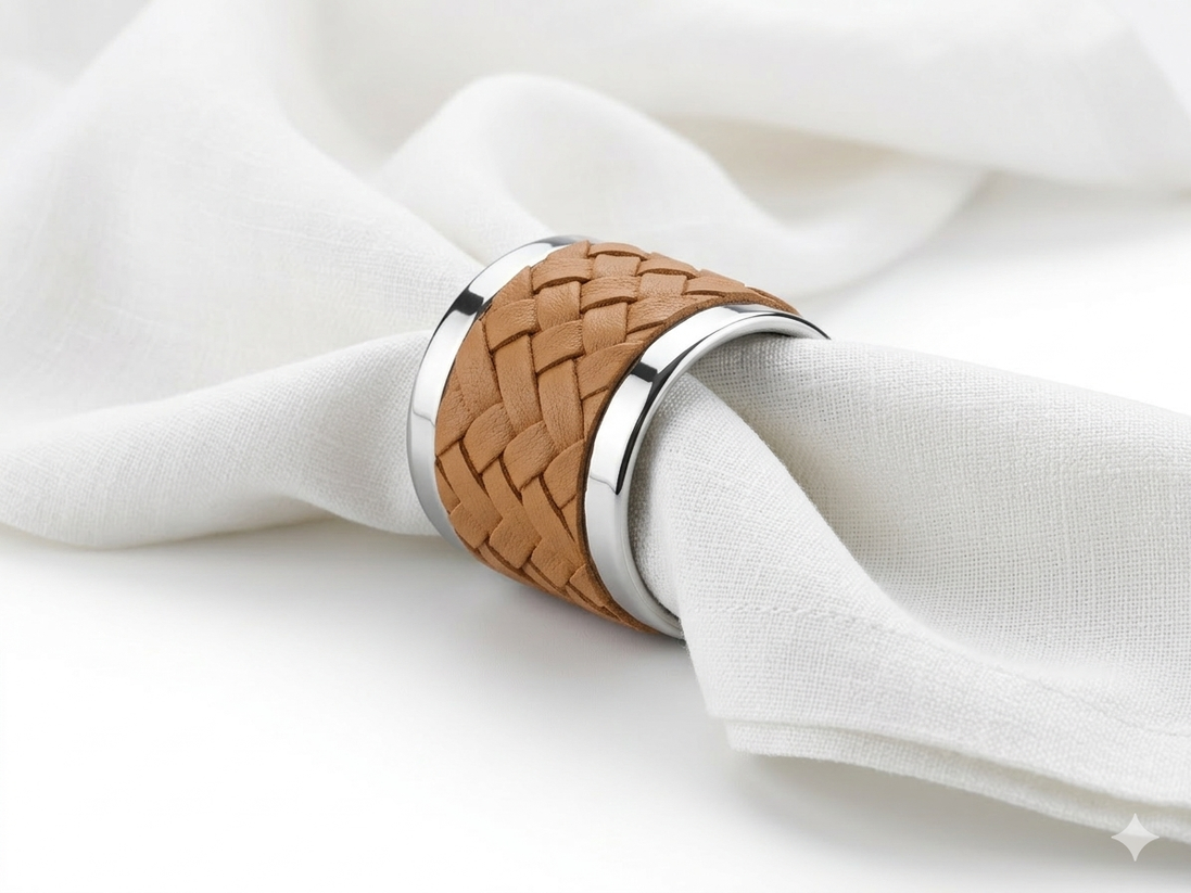 Tan braided leather napkin ring with polished steel edges