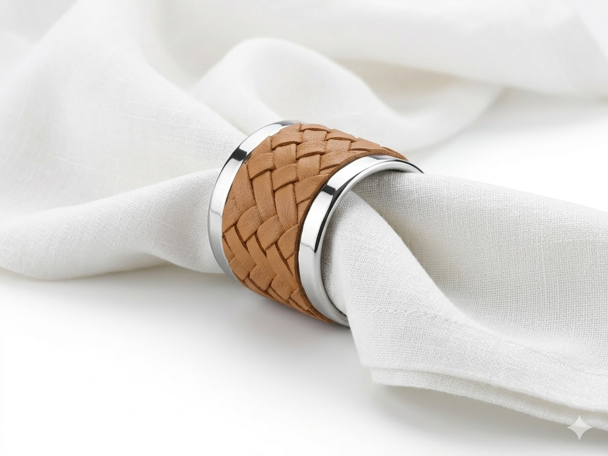 Tan braided leather napkin ring with polished steel edges