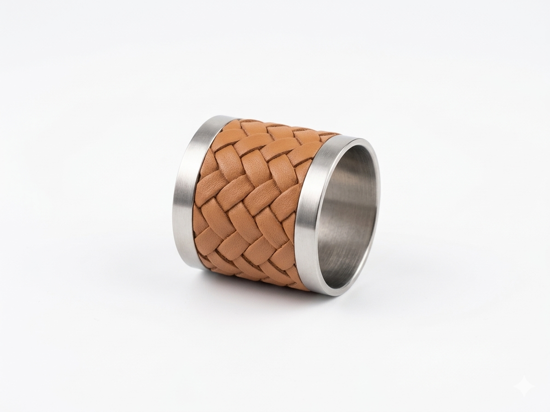 The tan napkin ring resting on its side, warm leather tone