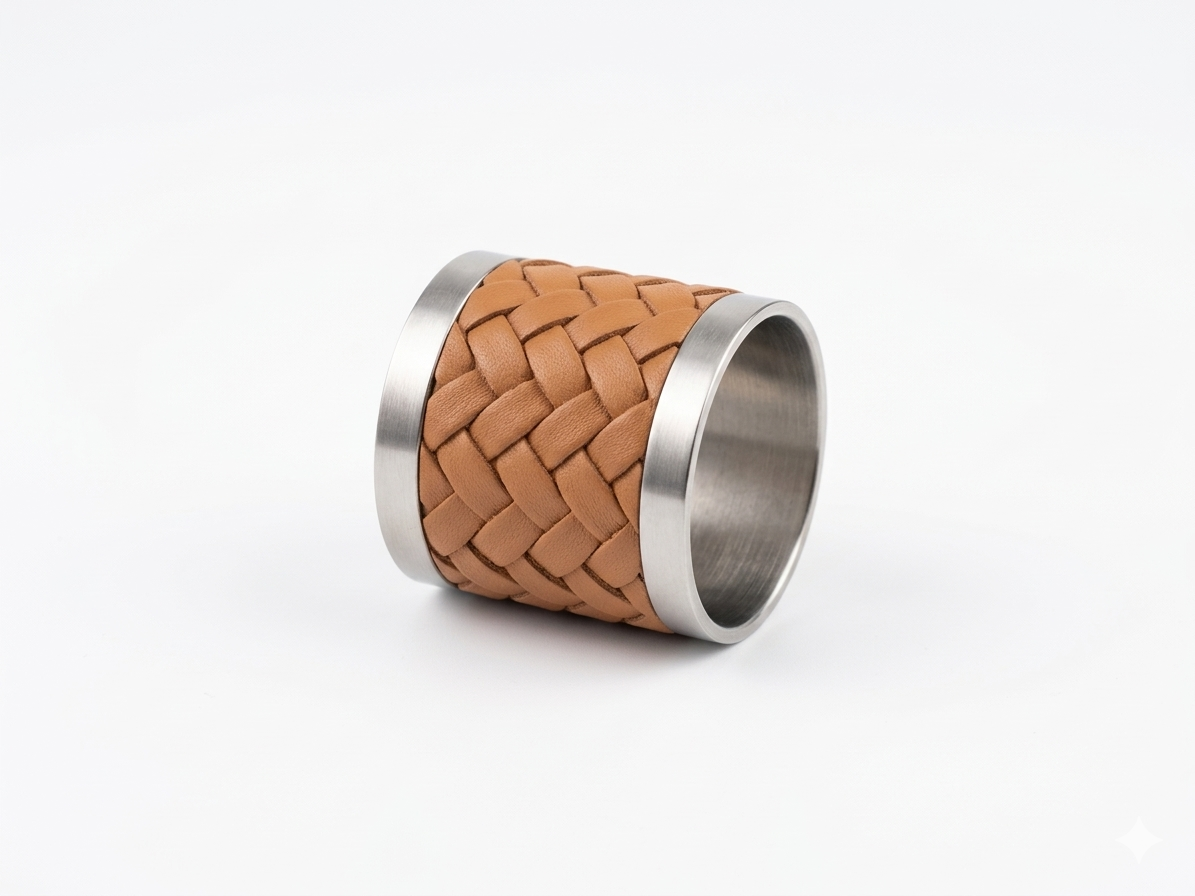 The tan napkin ring resting on its side, warm leather tone