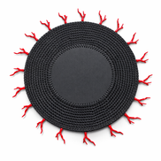 Black crocheted placemat with red coral details, 36 cm