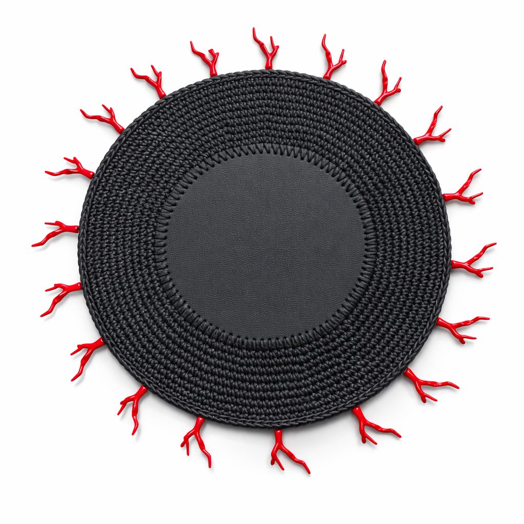 Black crocheted placemat with red coral details, 36 cm