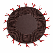 Brown crocheted placemat with red corals along the rim, 36 cm