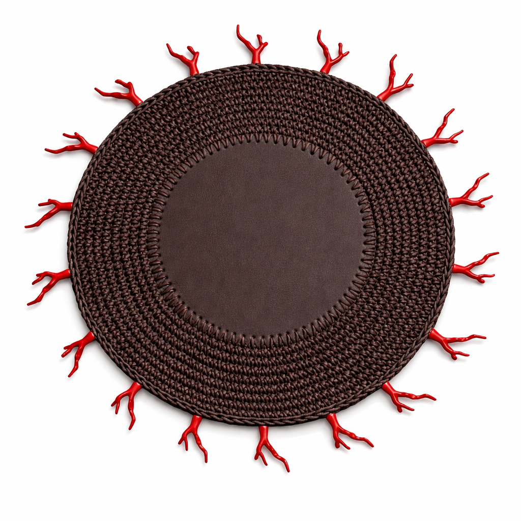 Brown crocheted placemat with red corals along the rim, 36 cm