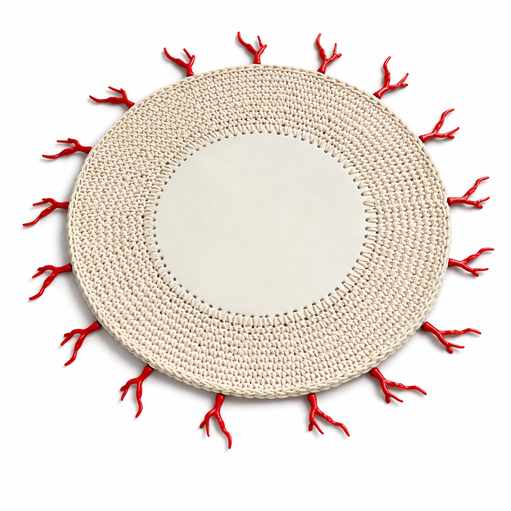 Cream crocheted placemat with red coral edge details, 36 cm