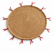 Natural jute crocheted 36 cm placemat ringed with red coral details