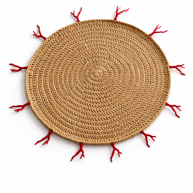Natural jute crocheted 36 cm placemat ringed with red coral details