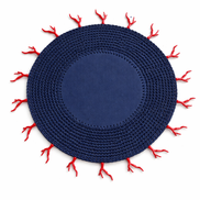 Navy crocheted placemat edged with red coral forms, 36 cm