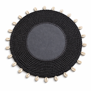 Black seashell placemat, leather centre ringed by crocheted cord, 36 cm