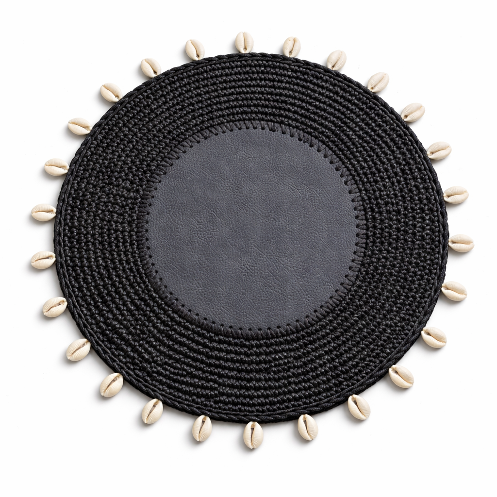 Black seashell placemat, leather centre ringed by crocheted cord, 36 cm
