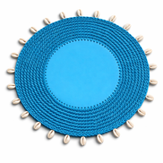 Blue seashell placemat, crocheted border and smooth centre, 36 cm