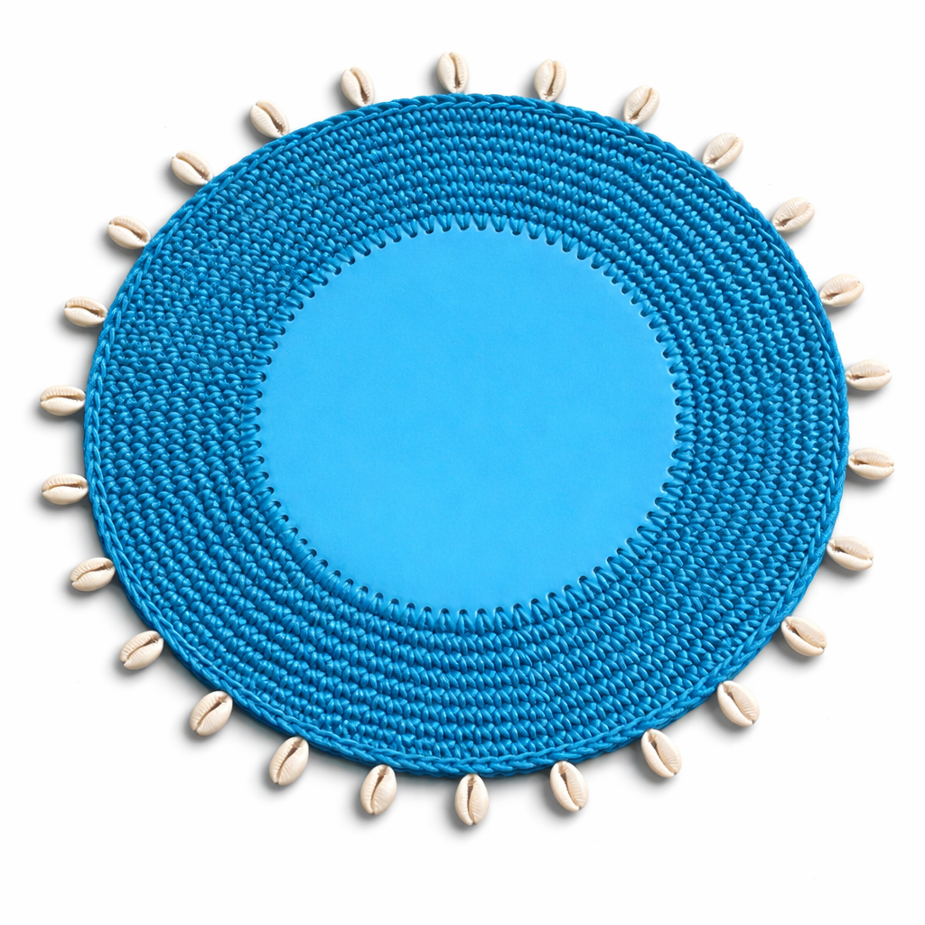Blue seashell placemat, crocheted border and smooth centre, 36 cm