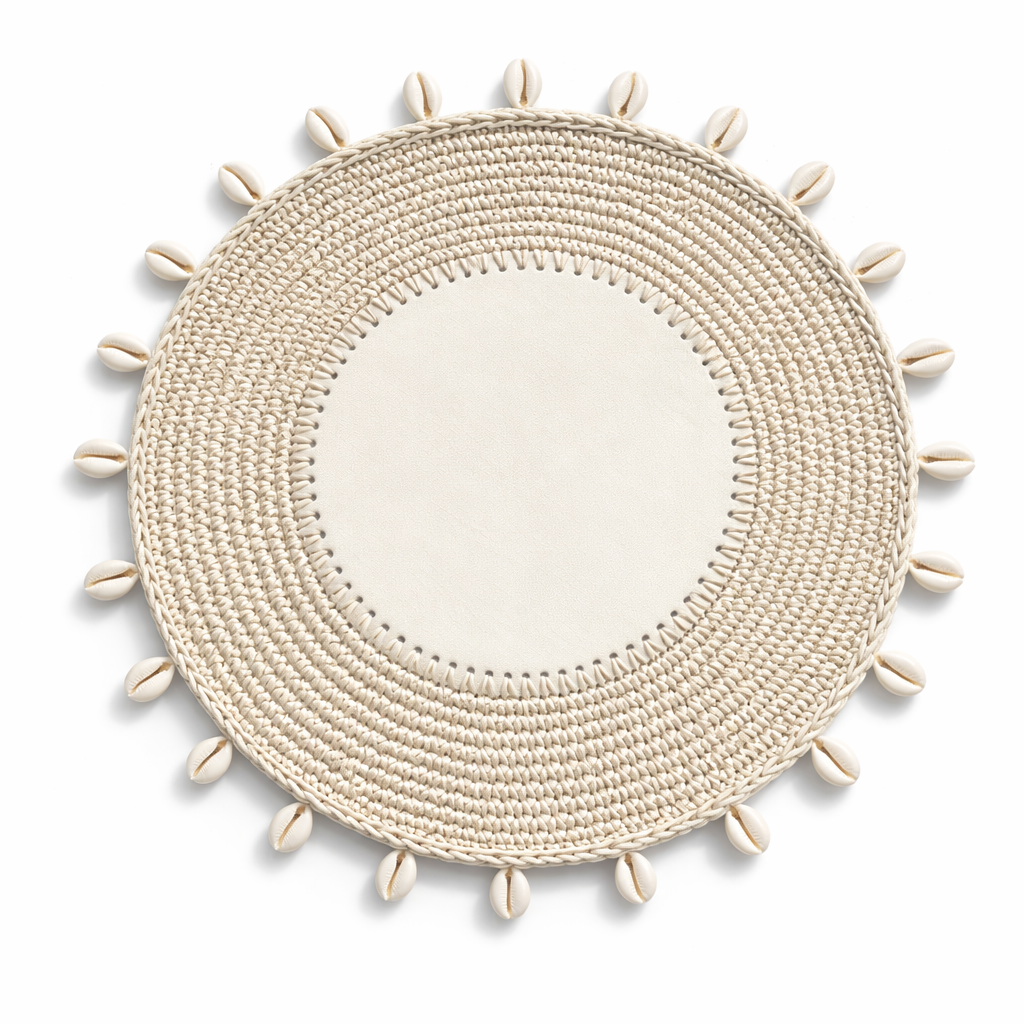 Cream seashell placemat, crocheted border with shell details, 36 cm