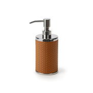 The tan soap dispenser at an angle, herringbone leather texture