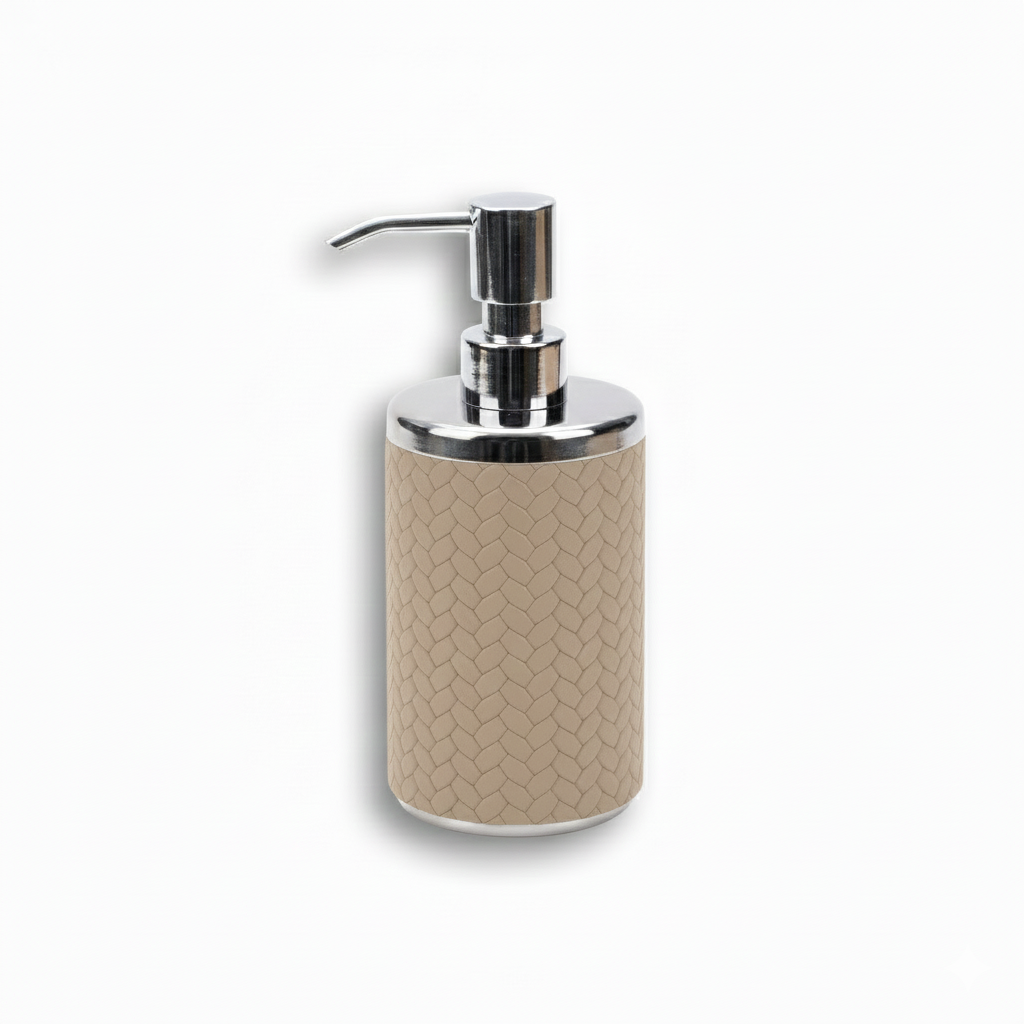 Beige woven-embossed leather soap dispenser