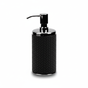 Black leather-wrapped soap dispenser with steel pump