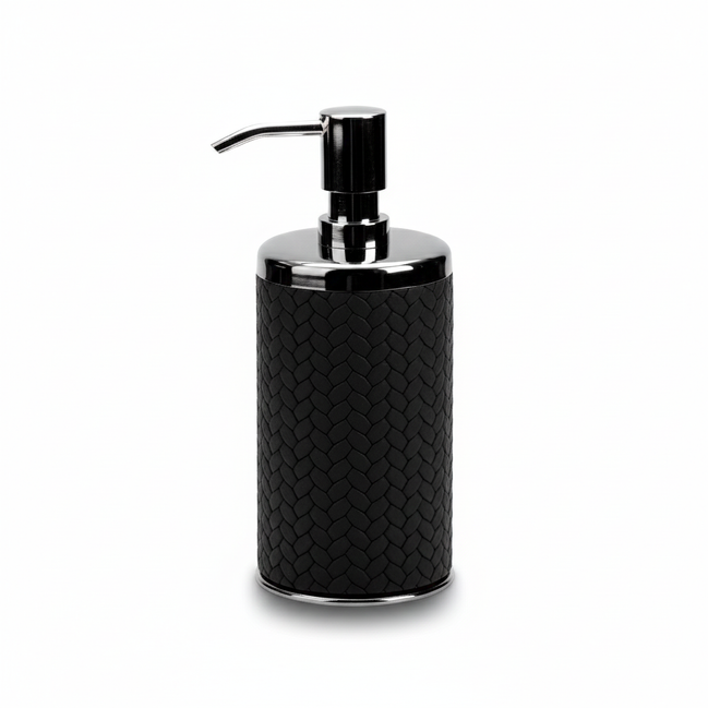Black leather-wrapped soap dispenser with steel pump