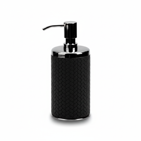 Black leather-wrapped soap dispenser with steel pump
