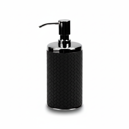 Black leather-wrapped soap dispenser with steel pump
