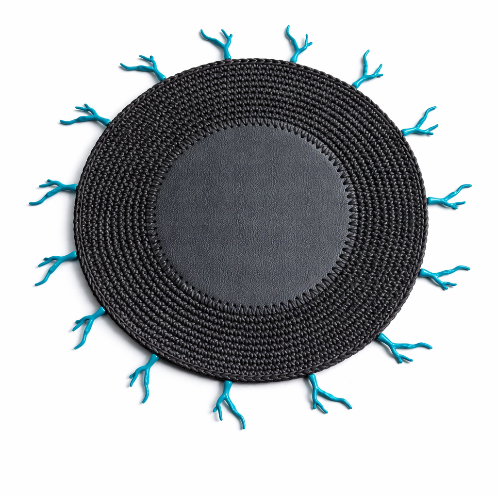Black crocheted placemat with turquoise coral details on the rim, 36 cm