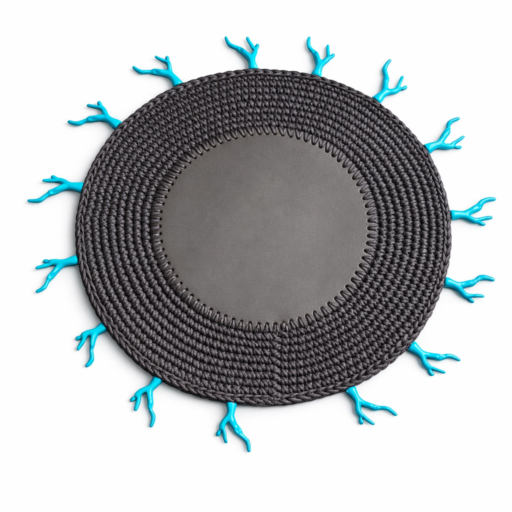 Brown crocheted placemat with leather centre and turquoise coral edge, 36 cm