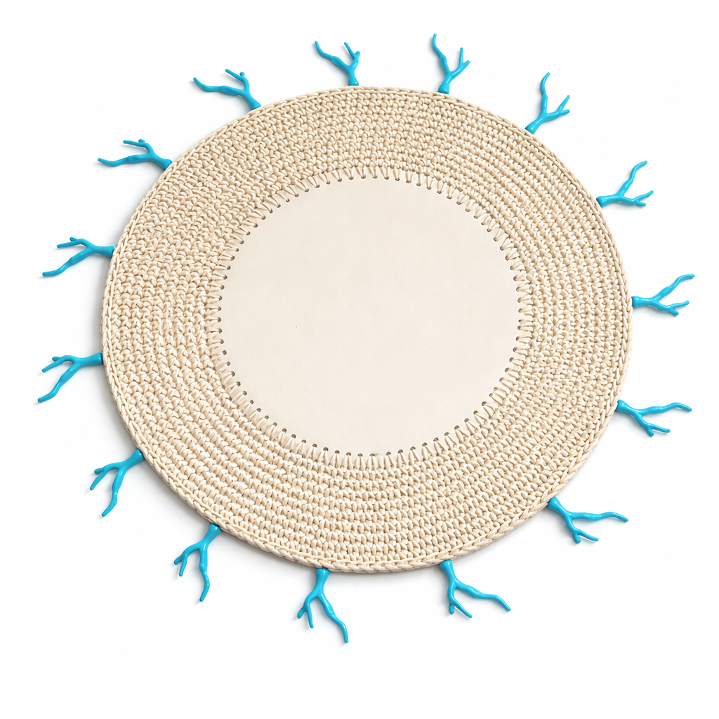 Cream crocheted placemat, leather centre and turquoise corals, 36 cm
