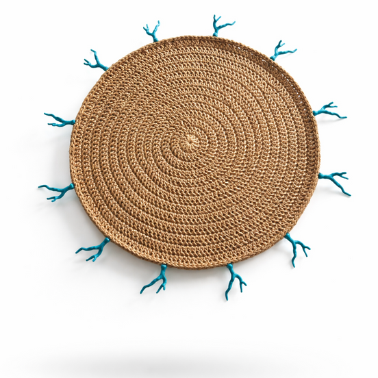 Natural jute crocheted 36 cm placemat ringed with turquoise coral details