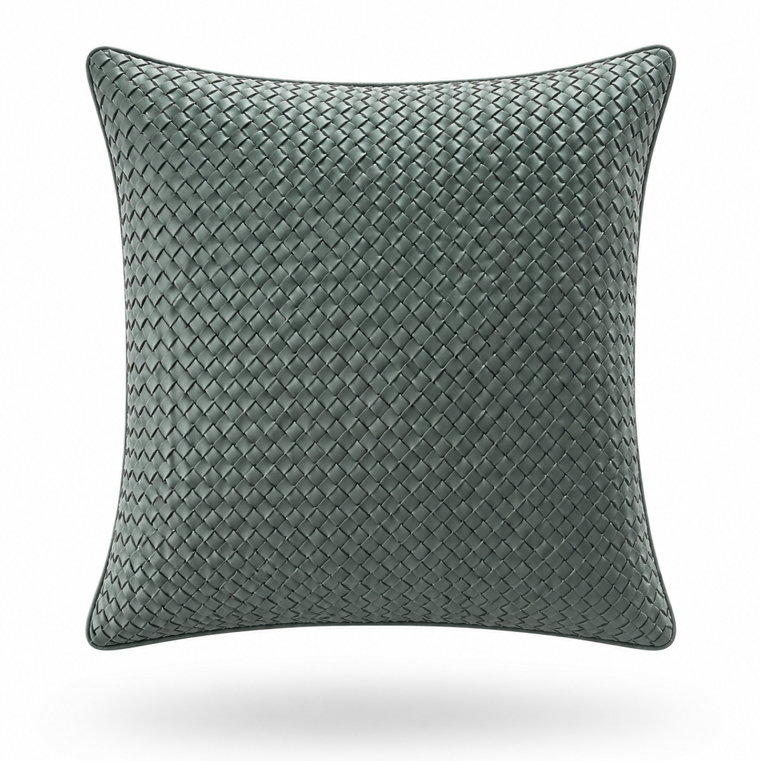 Sage green woven leather cushion, 45 x 45 cm, fine basket weave front
