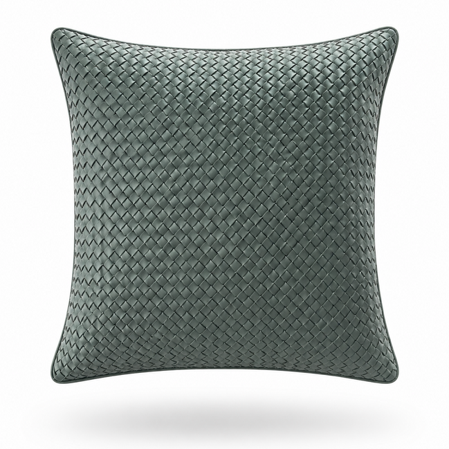 Sage green woven leather cushion, 45 x 45 cm, fine basket weave front