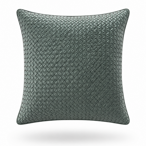 Sage green woven leather cushion, 45 x 45 cm, fine basket weave front