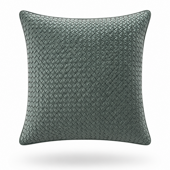 Sage green woven leather cushion, 45 x 45 cm, fine basket weave front