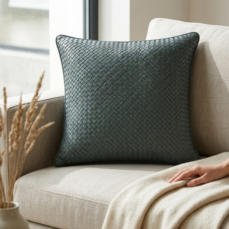 Close view of the sage woven leather surface, even diagonal weave