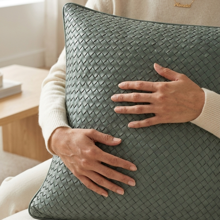 Sage woven leather cushion resting upright, soft light across the weave