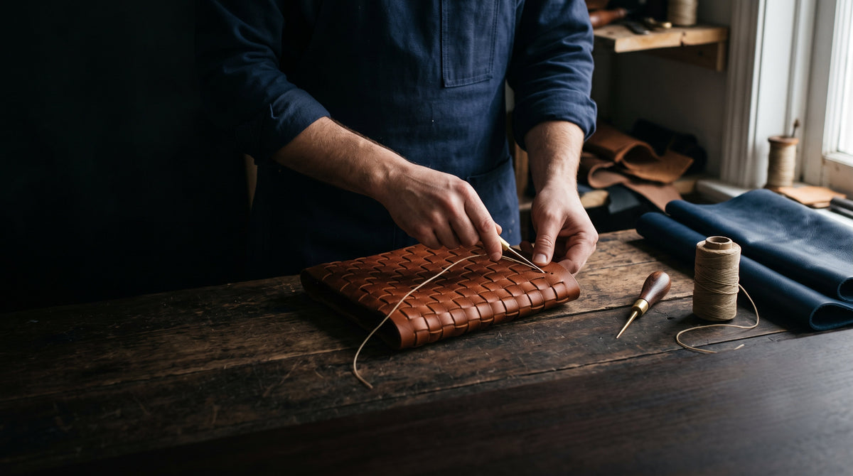Hands stitching a woven leather panel at a workbench
