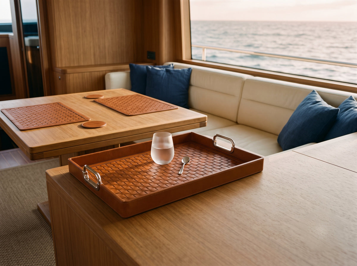 Woven leather serving tray, placemats and coasters in a yacht salon at dusk
