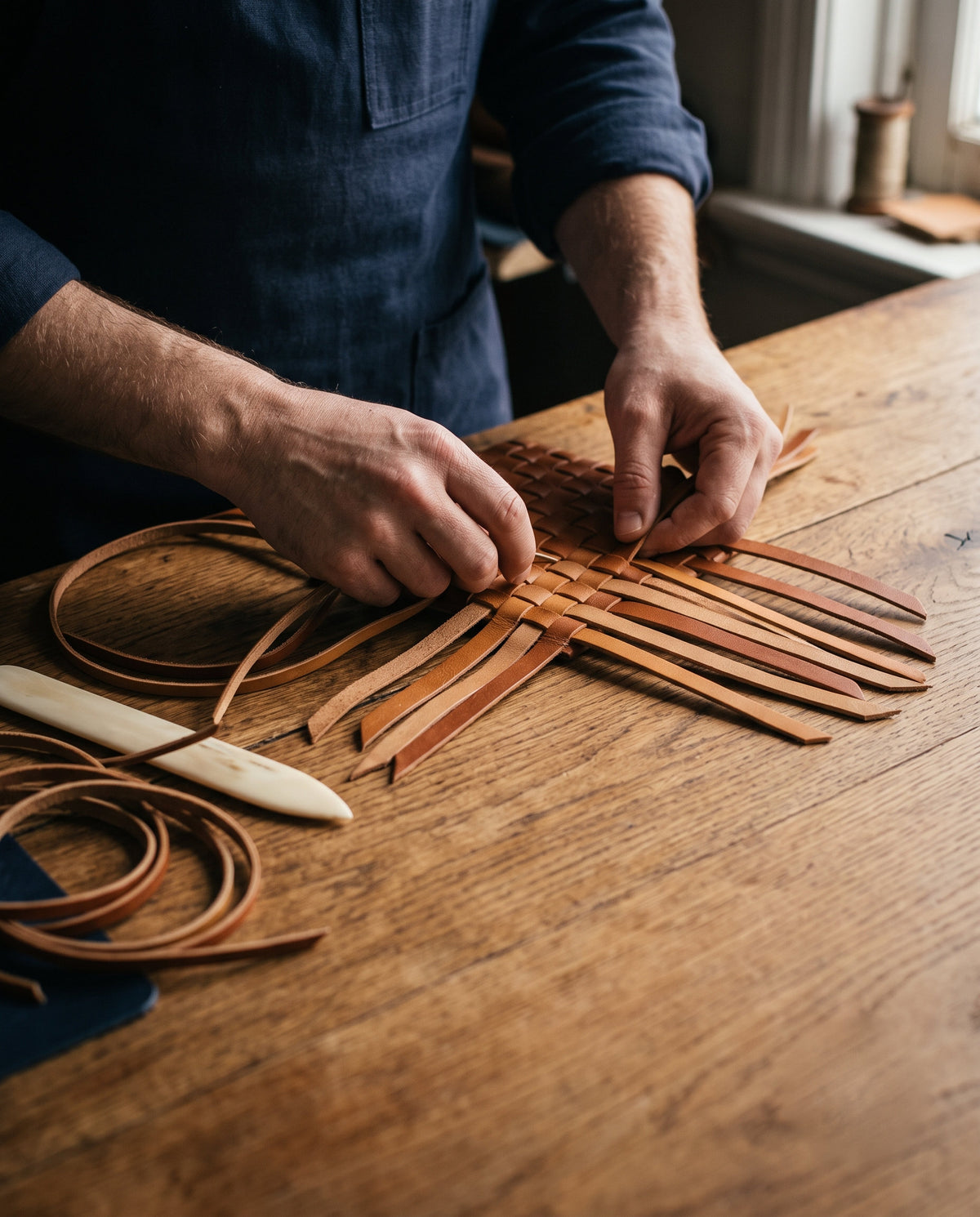 Strands of tan leather being woven by hand into a basketweave panel