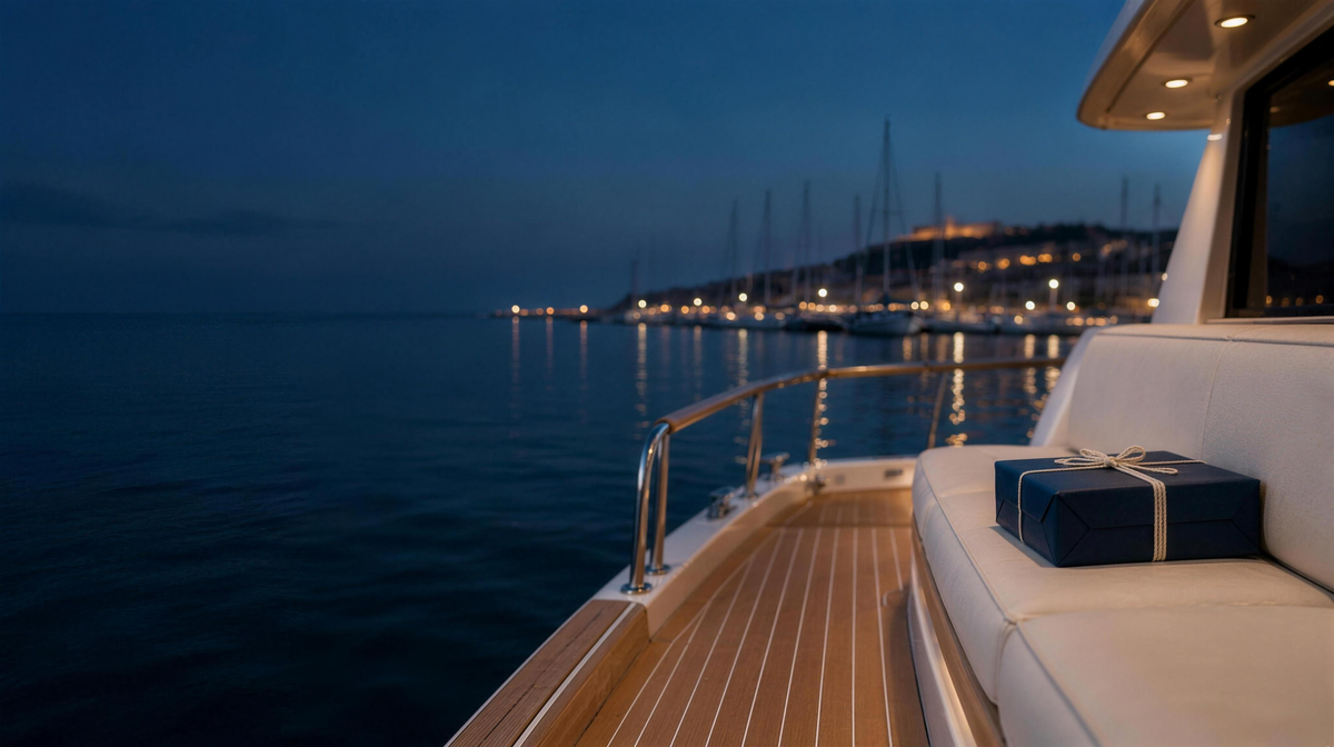 A parcel wrapped in navy paper resting on a yacht's aft deck bench at blue hour, harbour lights behind