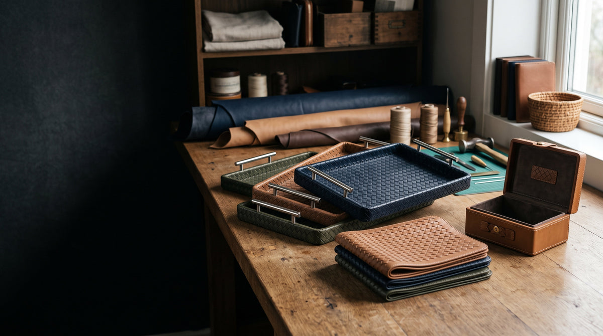 Handwoven leather trays, placemats and a leather box on a workbench
