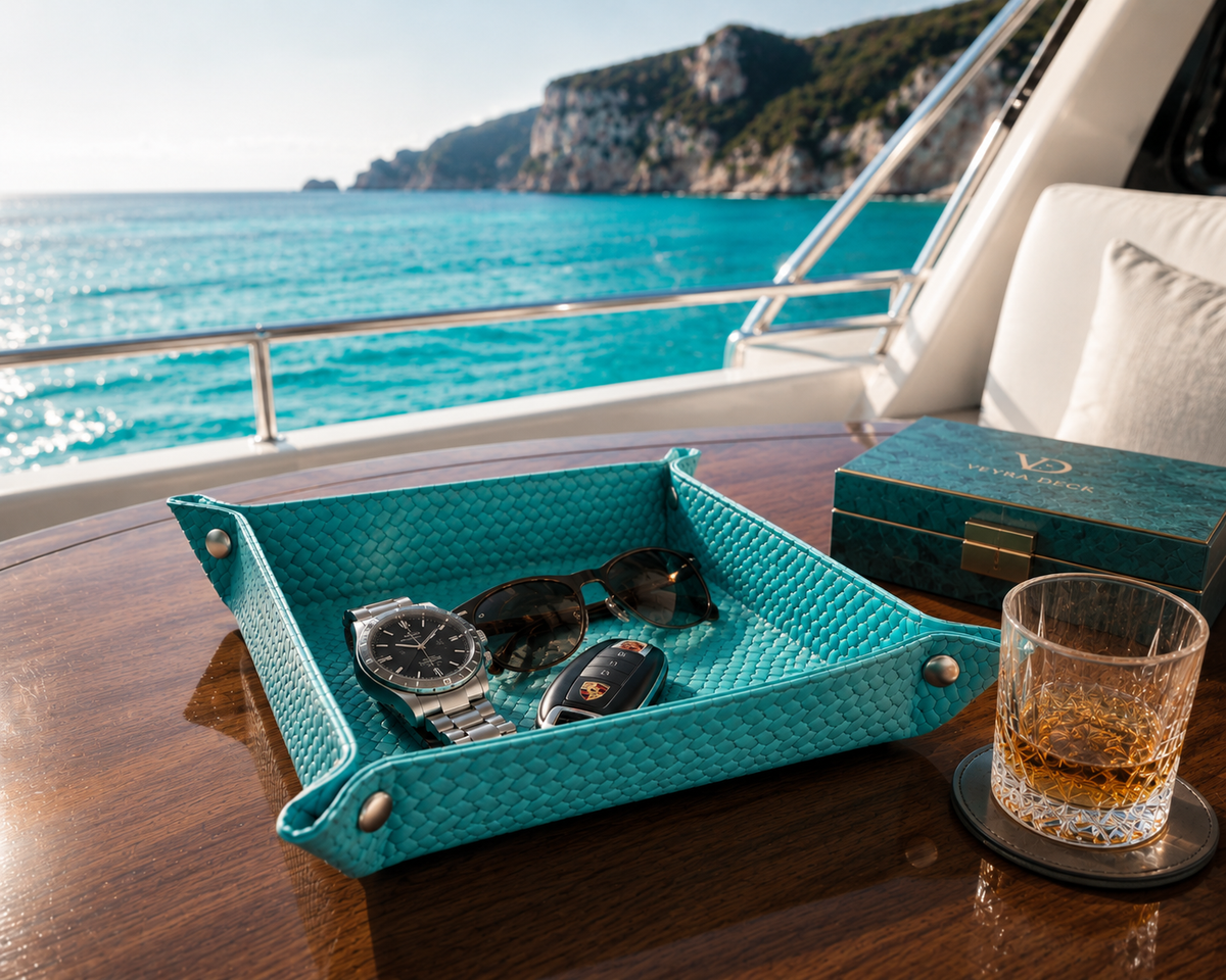 A turquoise woven leather Veyra Deck valet tray holding a watch, sunglasses and keys on a yacht table