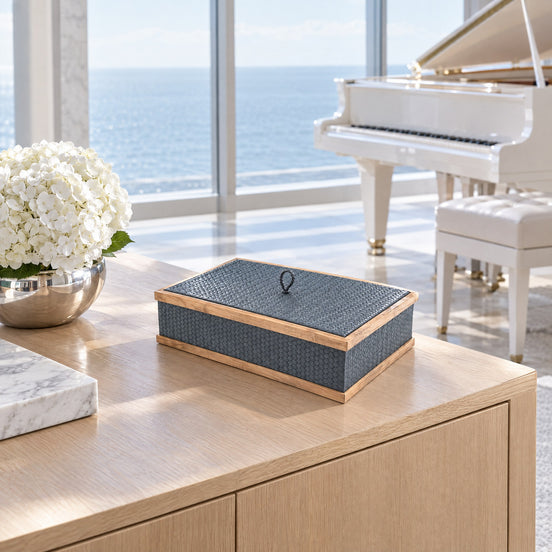 Walnut-Framed Leather Storage Box – Large — the music corner of the main salon on a bright morning