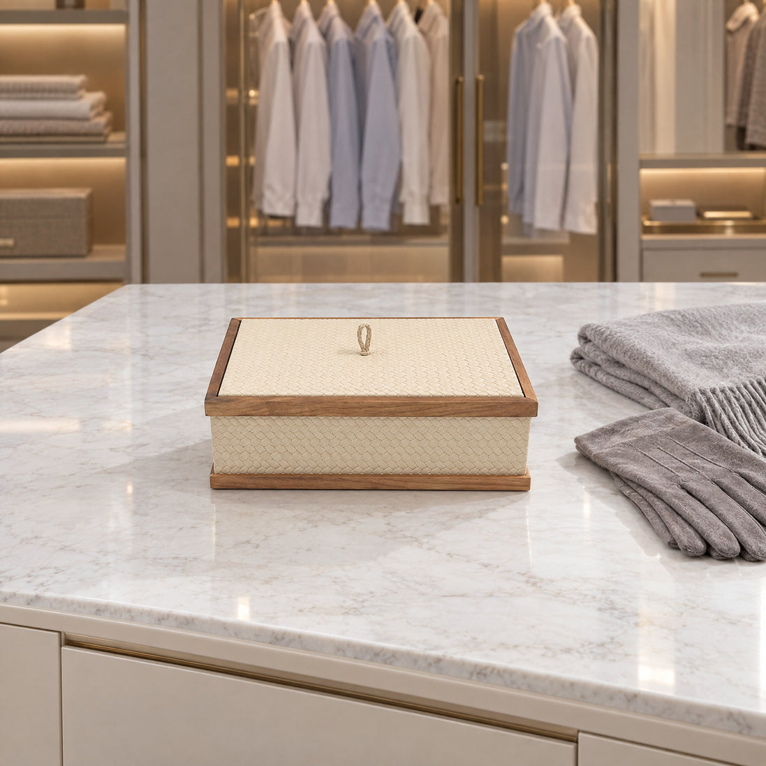 Walnut-Framed Leather Storage Box – Medium — the owner's walk-in wardrobe