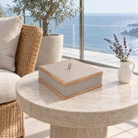 Square Walnut-Framed Leather Storage Box — the winter-garden corner of the upper deck under a glass roof
